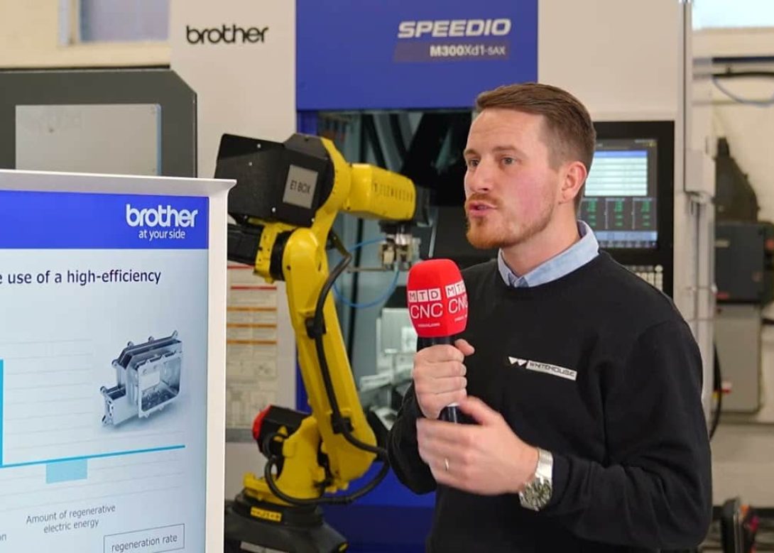 MTD CNC presenter discussing air consumption and regenerative energy saving features of Brother CNC machining centres at SECO ITI Event 2026